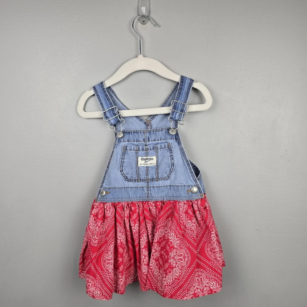 OshKosh B'gosh Baby Overall Dress Denim Red Paisley Bandana‎ Skirt Toddler 18M